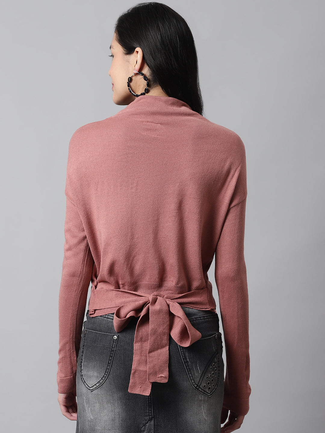 High-Neck Full Sleeve Back knot Peach Sweater