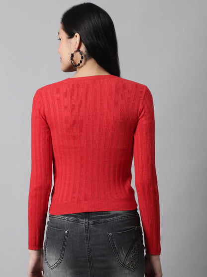 Regular Fit Round Neck Full Sleeve Red Top