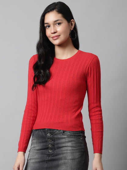 Regular Fit Round Neck Full Sleeve Red Top