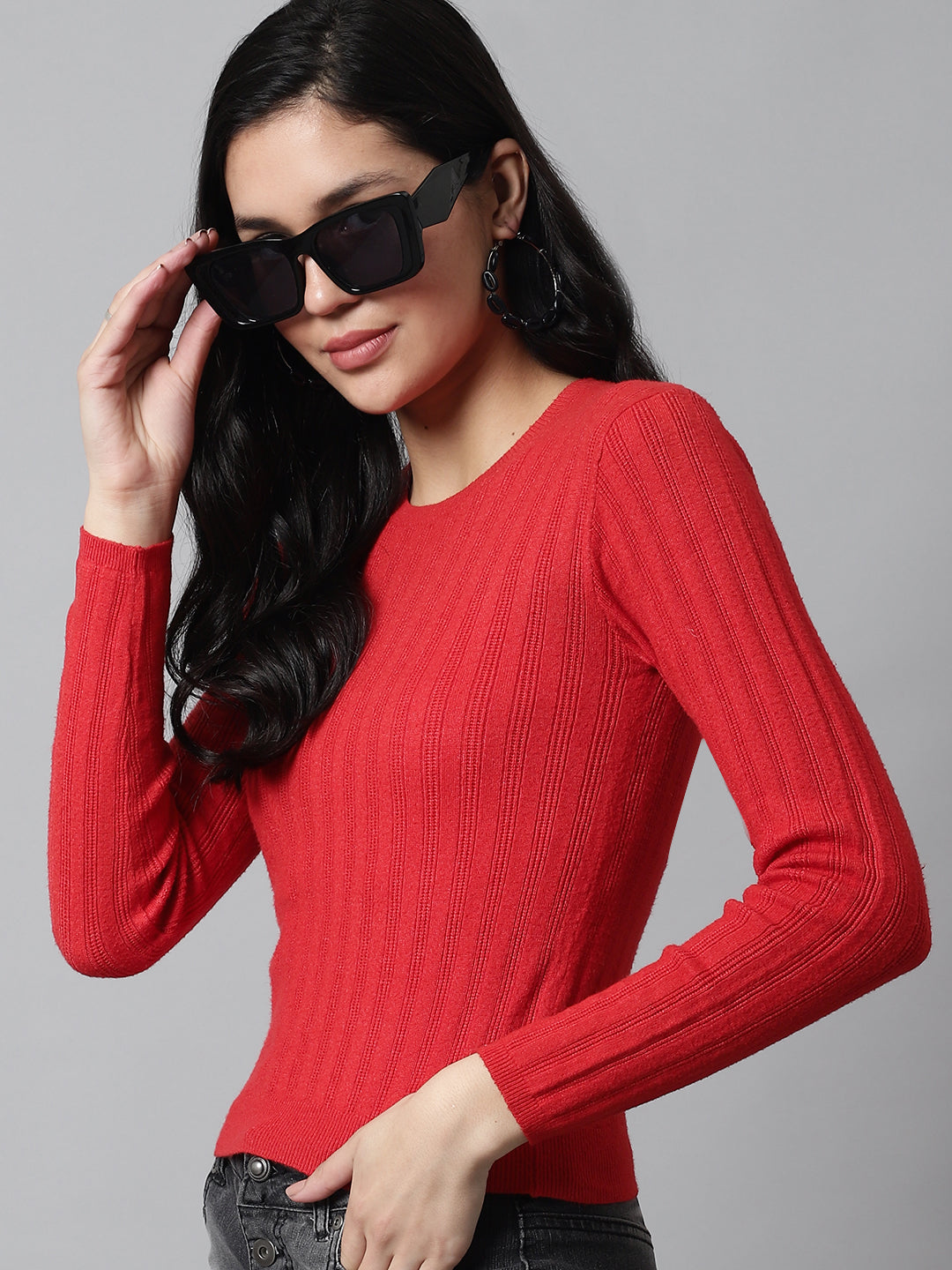 Regular Fit Round Neck Full Sleeve Red Top