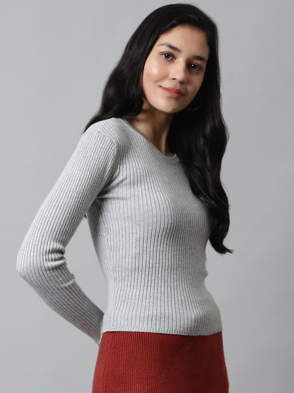 Round Neck Ribbed Full Sleeve Grey Sweater