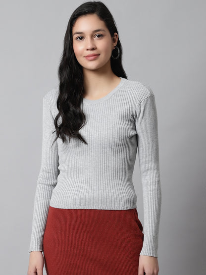 Round Neck Ribbed Full Sleeve Grey Sweater