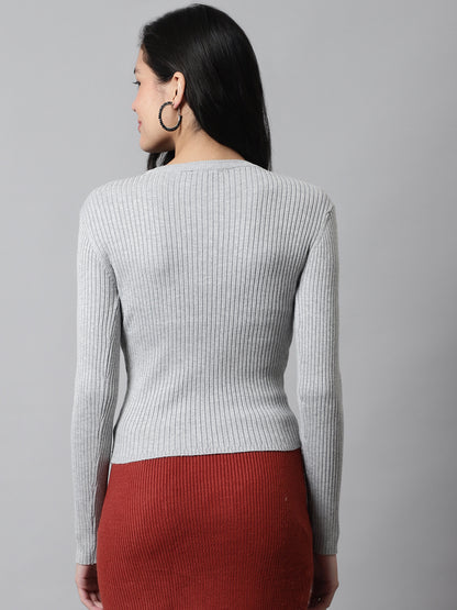 Round Neck Ribbed Full Sleeve Grey Sweater