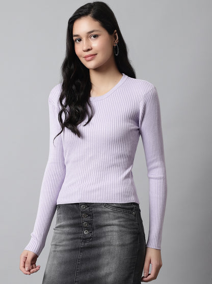 Round Neck Ribbed Full Sleeve Purple Sweater