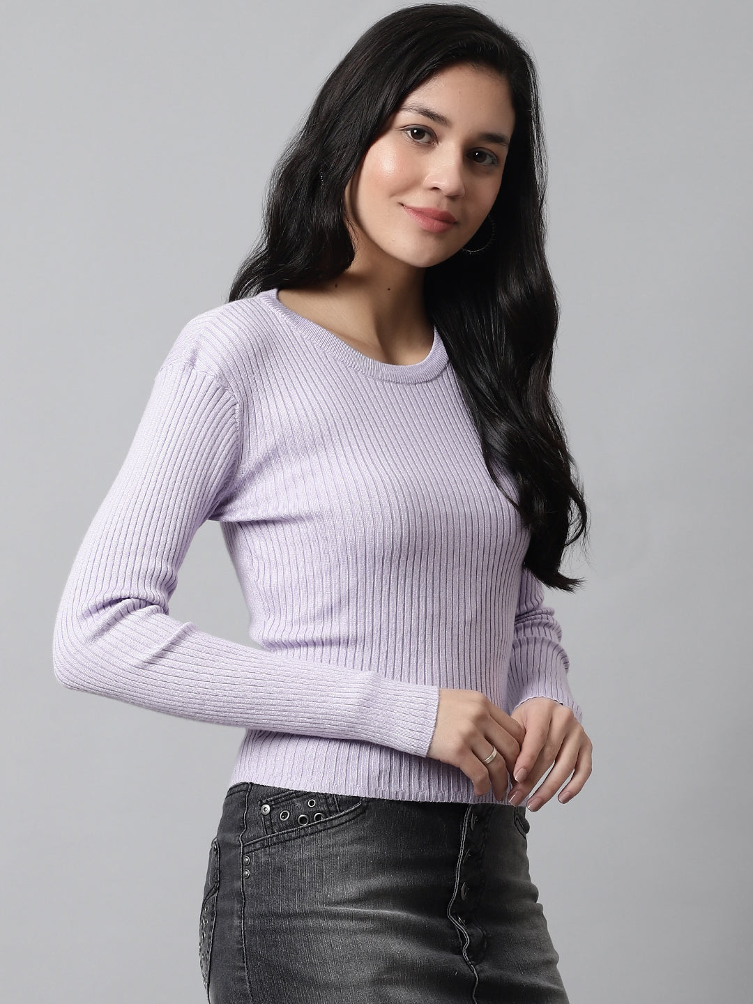 Round Neck Ribbed Full Sleeve Purple Sweater