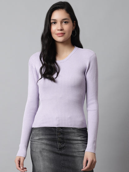 Round Neck Ribbed Full Sleeve Purple Sweater