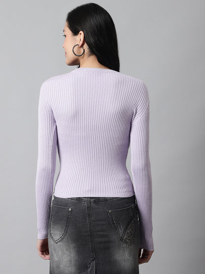 Round Neck Ribbed Full Sleeve Purple Sweater