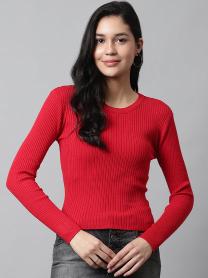 Viscose Round Neck Ribbed Full Sleeve Red Sweater