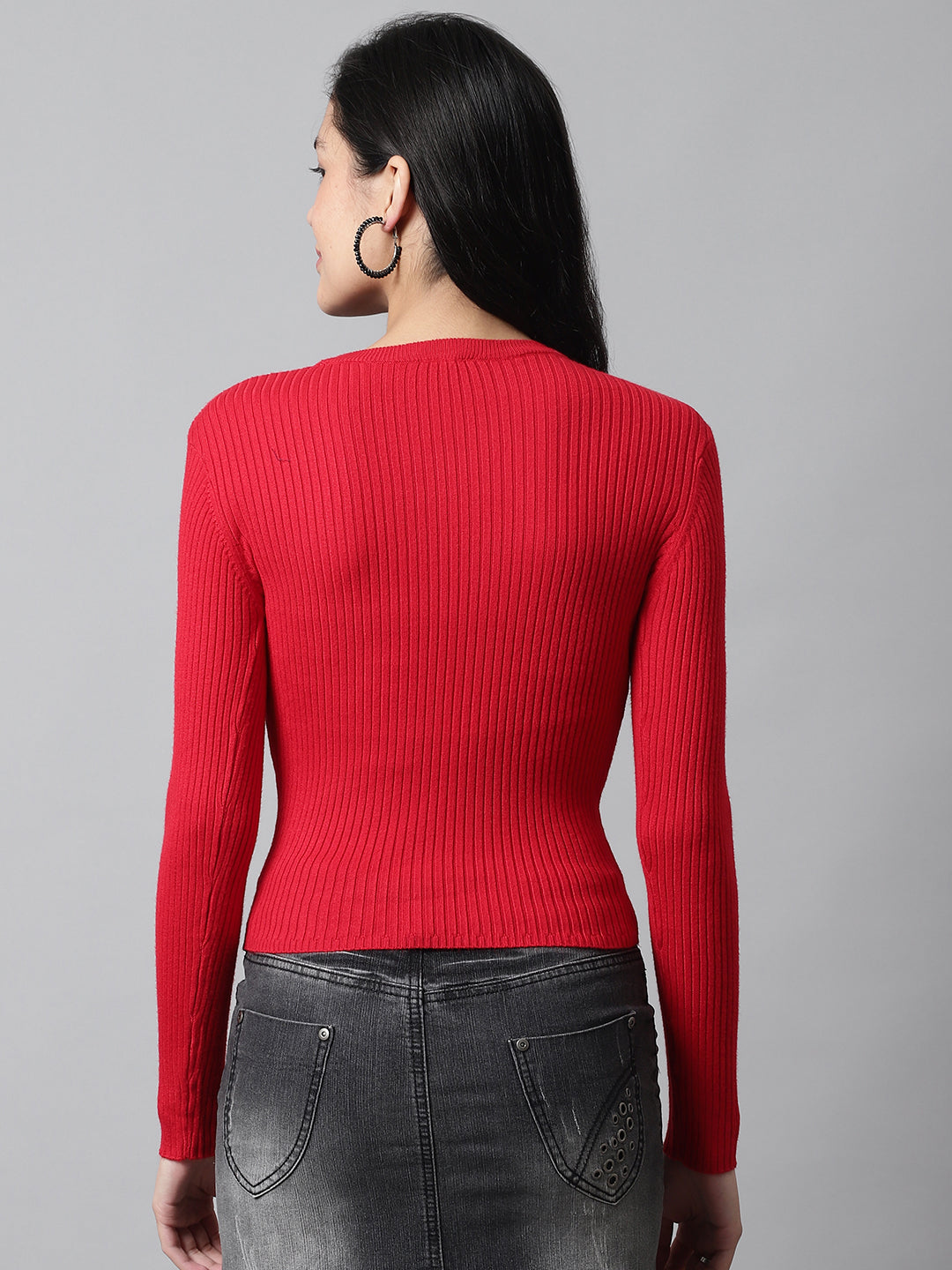 Viscose Round Neck Ribbed Full Sleeve Red Sweater