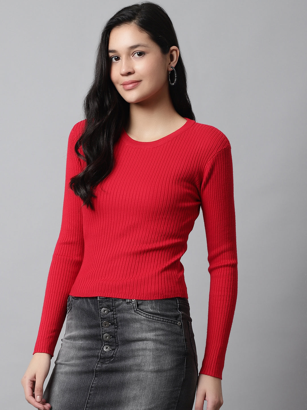 Viscose Round Neck Ribbed Full Sleeve Red Sweater