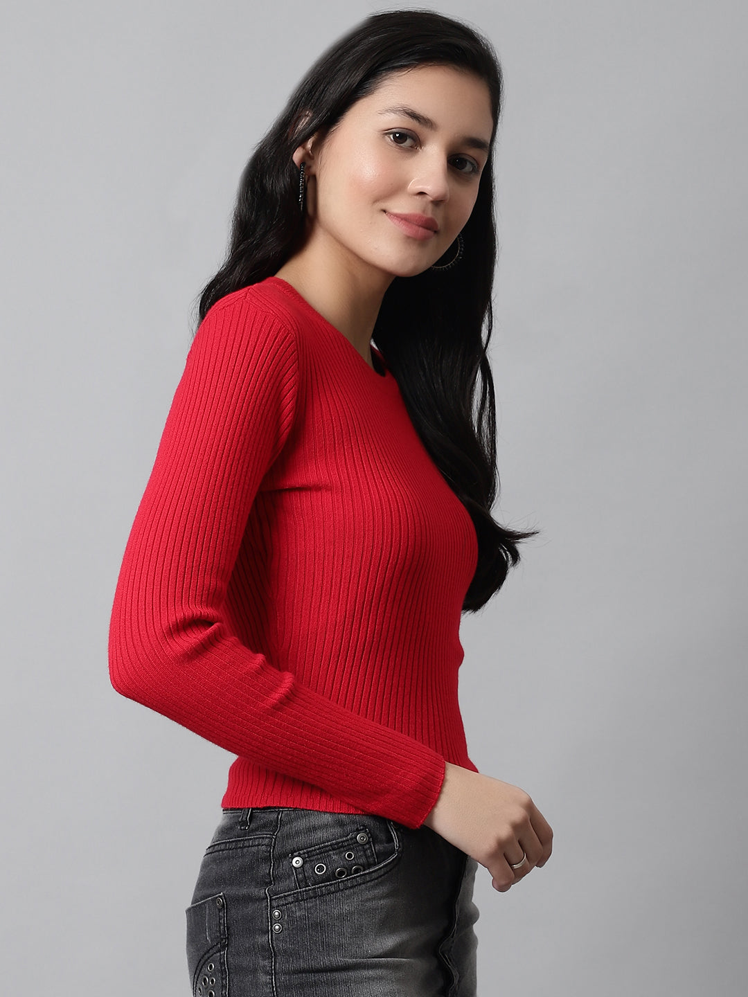 Viscose Round Neck Ribbed Full Sleeve Red Sweater