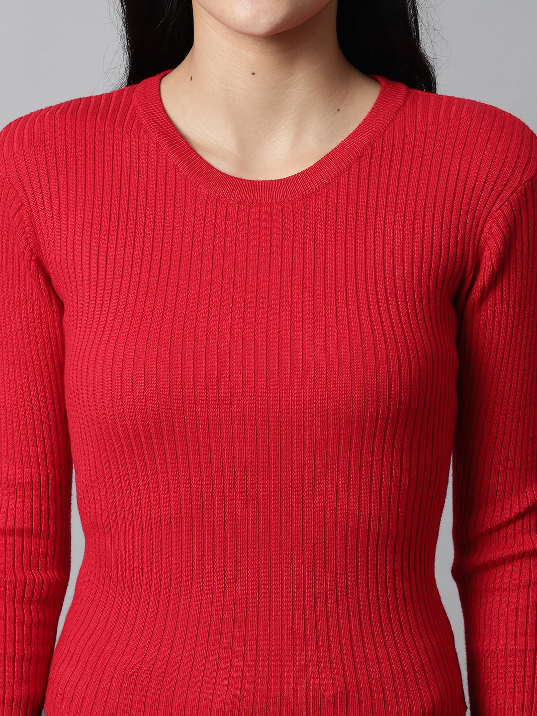 Viscose Round Neck Ribbed Full Sleeve Red Sweater