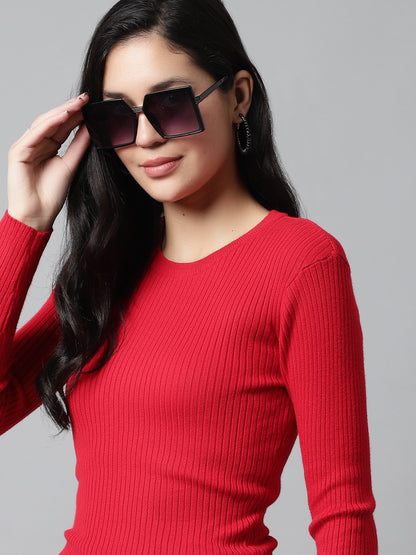 Viscose Round Neck Ribbed Full Sleeve Red Sweater