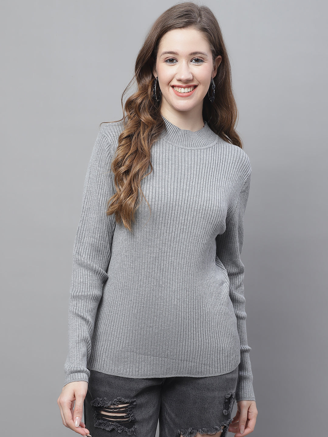 Viscose Turtle Neck Full Sleeve Ribbed Grey Sweater