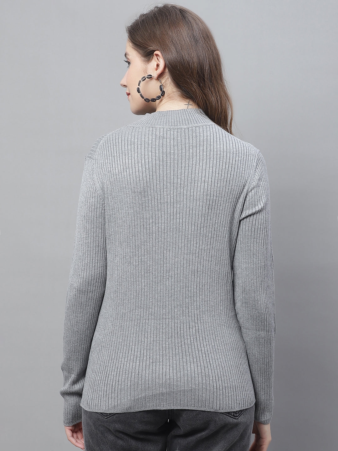 Viscose Turtle Neck Full Sleeve Ribbed Grey Sweater