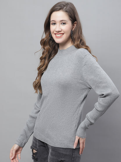 Viscose Turtle Neck Full Sleeve Ribbed Grey Sweater