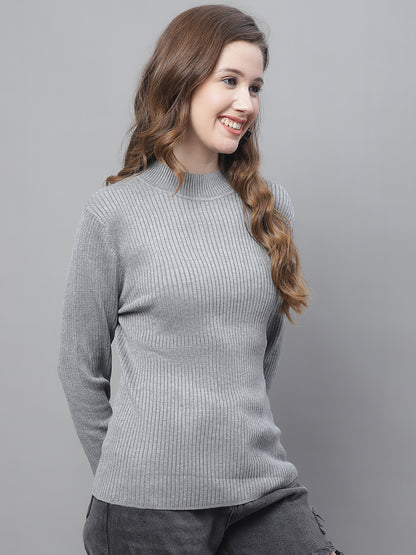 Viscose Turtle Neck Full Sleeve Ribbed Grey Sweater