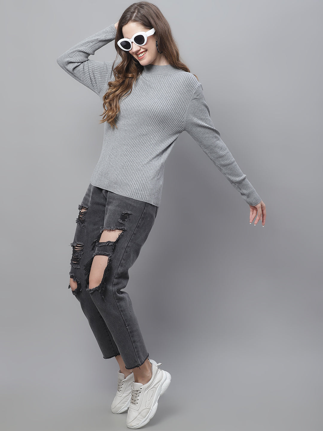 Viscose Turtle Neck Full Sleeve Ribbed Grey Sweater