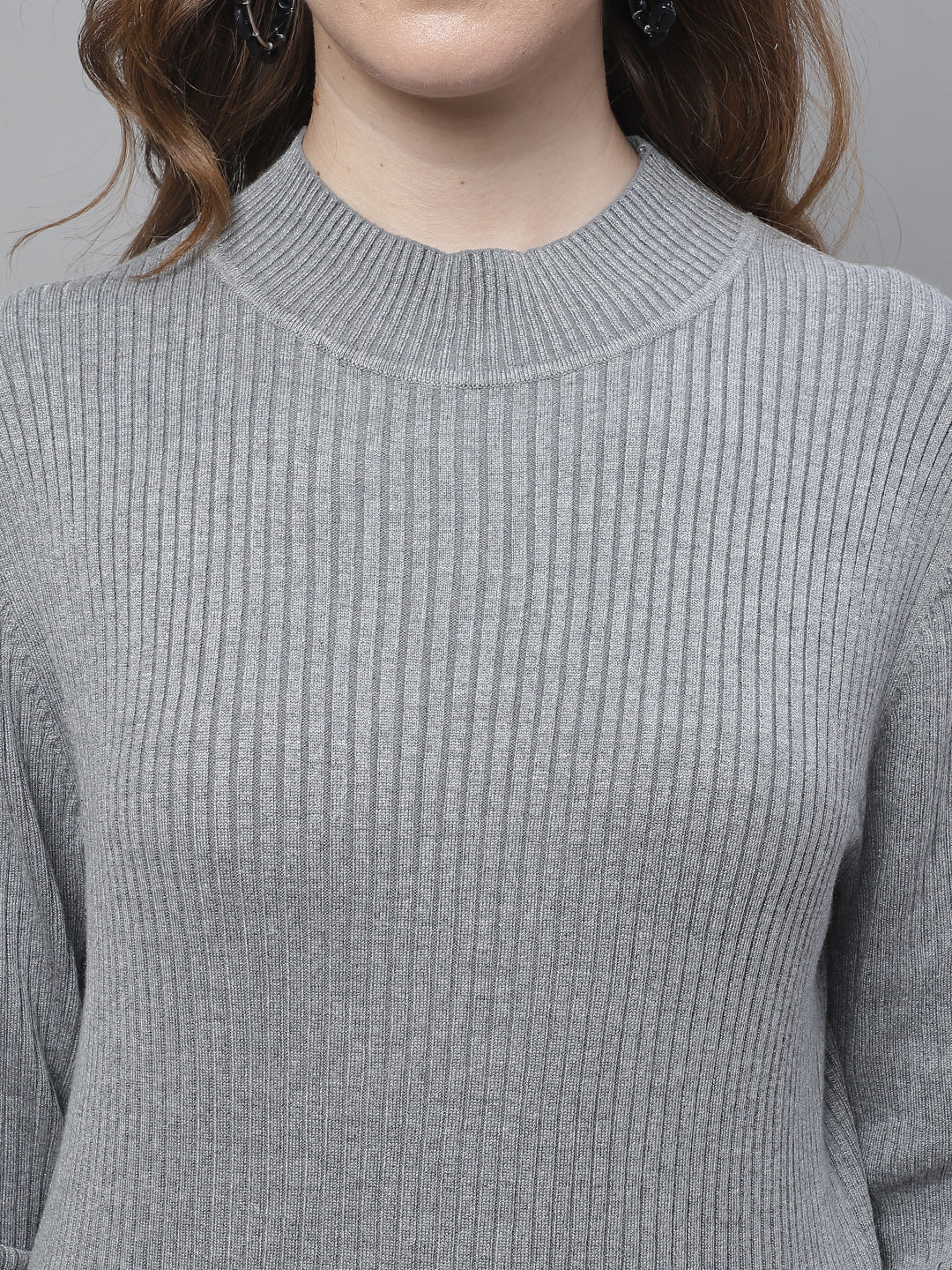 Viscose Turtle Neck Full Sleeve Ribbed Grey Sweater