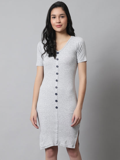 Cotton Bodycon Knee Front False Button Closure Grey Dress