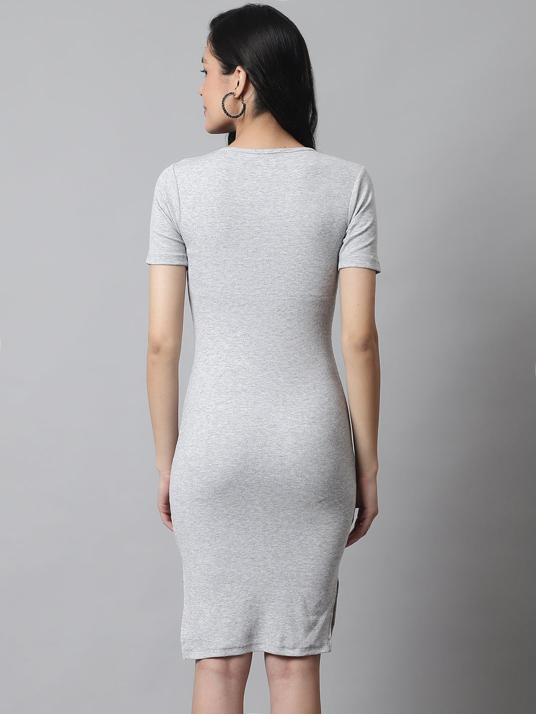 Cotton Bodycon Knee Front False Button Closure Grey Dress