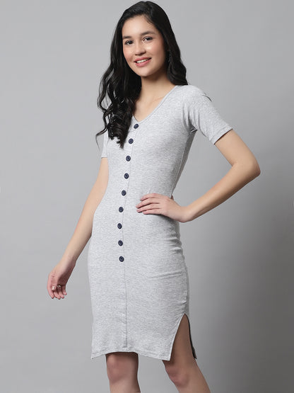 Cotton Bodycon Knee Front False Button Closure Grey Dress