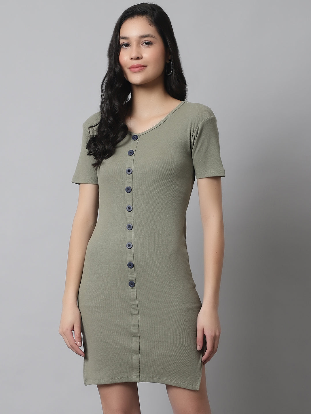 Cotton Bodycon Knee Front False Button Closure Light Green Dress