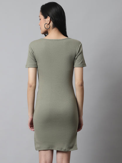 Cotton Bodycon Knee Front False Button Closure Light Green Dress