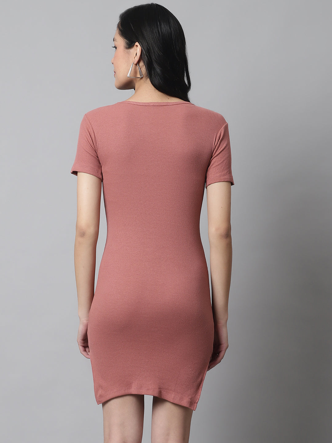 Cotton Bodycon Knee Front False Button Closure Peach Dress