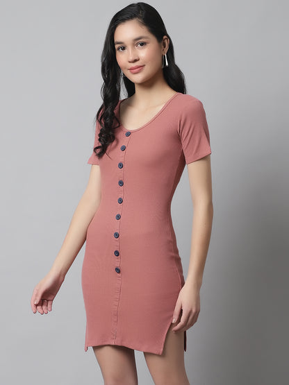 Cotton Bodycon Knee Front False Button Closure Peach Dress