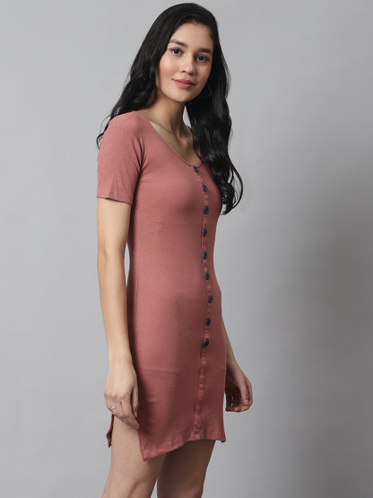 Cotton Bodycon Knee Front False Button Closure Peach Dress