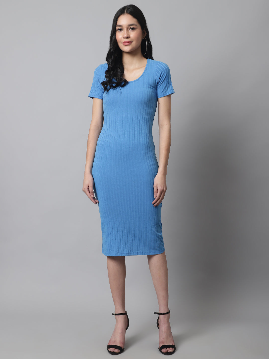 Cotton Bodycon Knee Length Round Neck Blue Dress