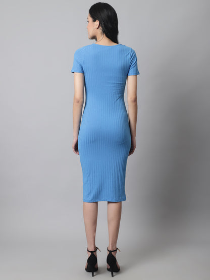 Cotton Bodycon Knee Length Round Neck Blue Dress