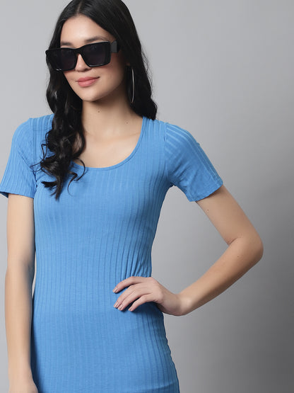 Cotton Bodycon Knee Length Round Neck Blue Dress