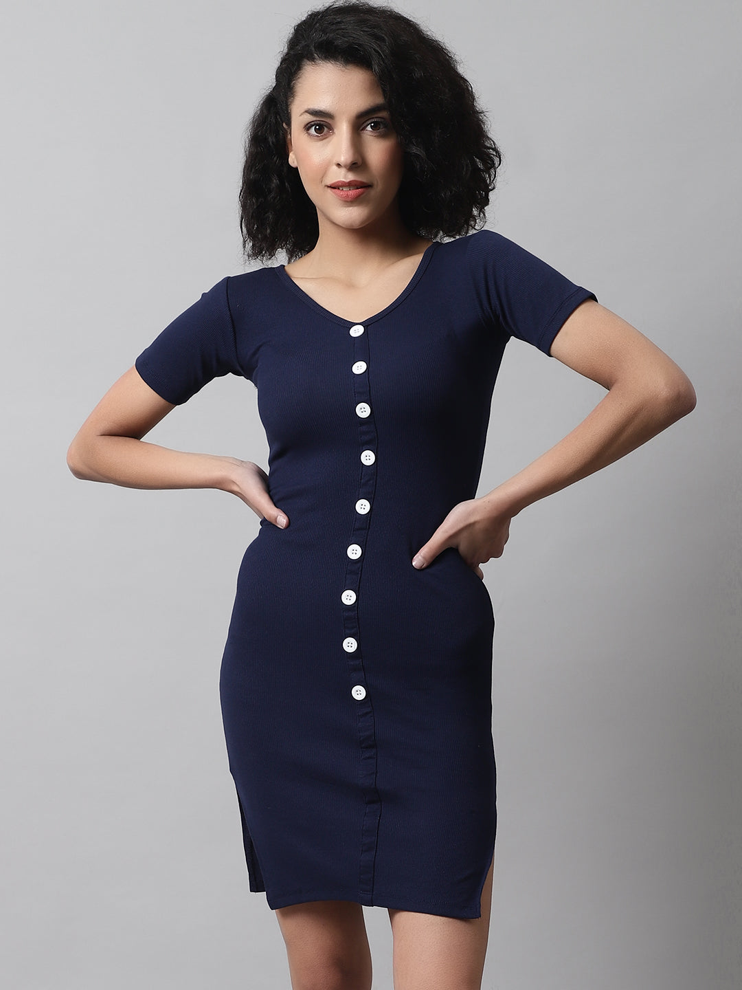 Cotton Bodycon Knee Length Dark Blue Dress