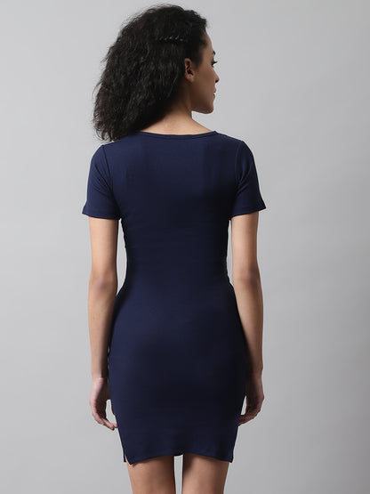 Cotton Bodycon Knee Length Dark Blue Dress