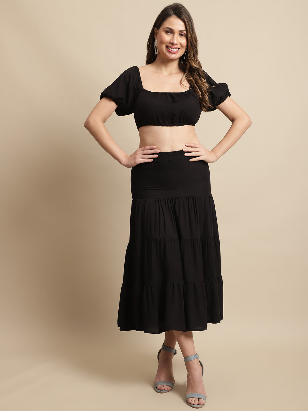 Half Sleeve Top With Skirt Set Black