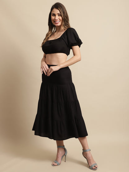 Half Sleeve Top With Skirt Set Black