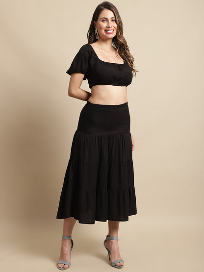 Half Sleeve Top With Skirt Set Black