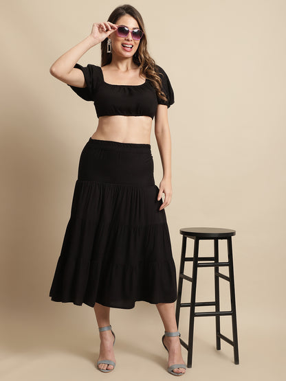 Half Sleeve Top With Skirt Set Black