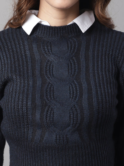 Acrylic Round Neck Full Sleeve Dark Blue Sweater