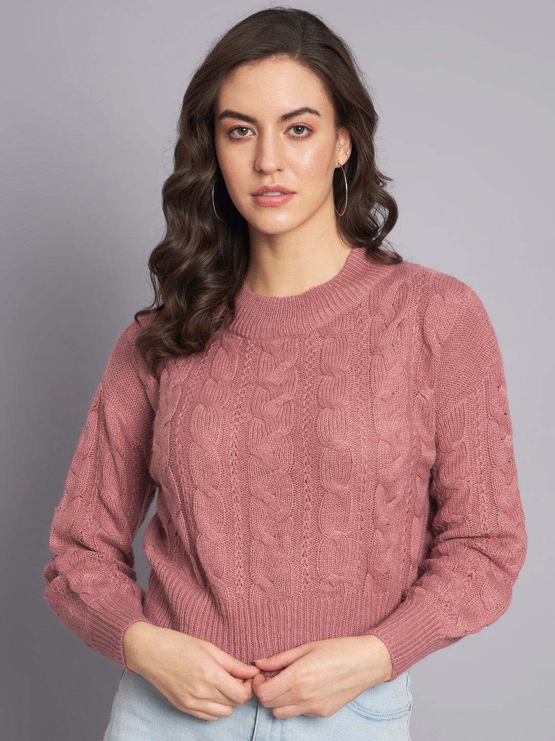 Acrylic Round Neck Full Sleeve Crop Peach Sweater