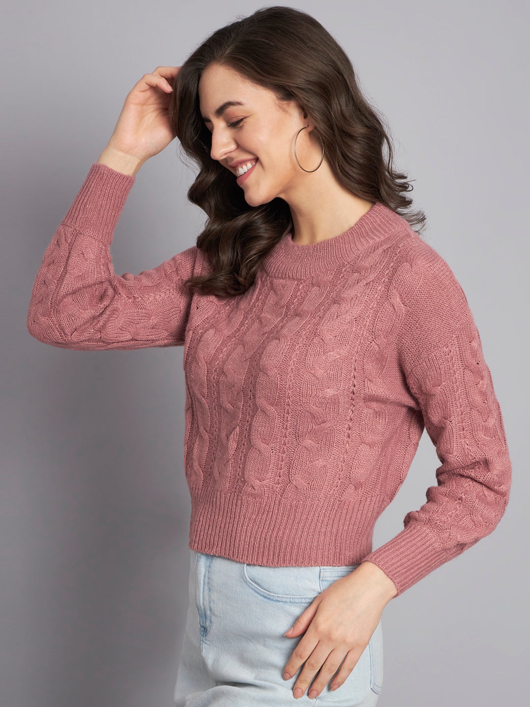 Acrylic Round Neck Full Sleeve Crop Peach Sweater