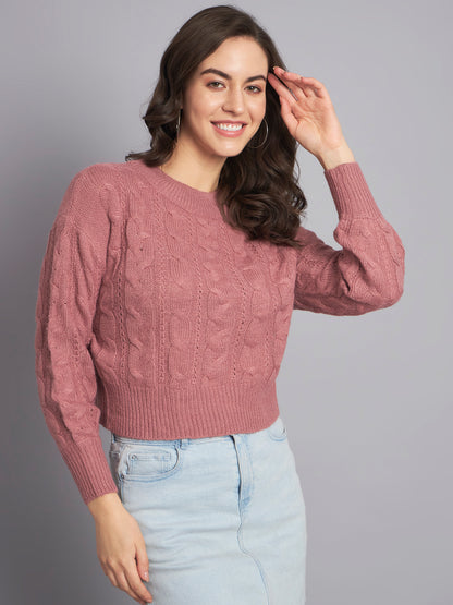 Acrylic Round Neck Full Sleeve Crop Peach Sweater