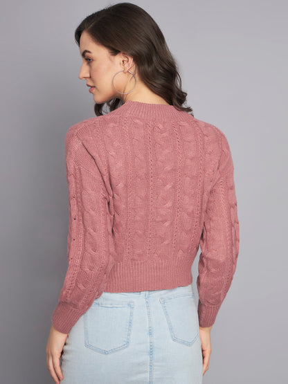 Acrylic Round Neck Full Sleeve Crop Peach Sweater