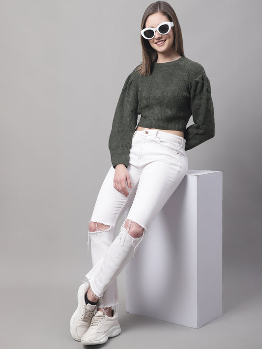 Acrylic Turtle Neck Full Sleeve Crop Green Sweater