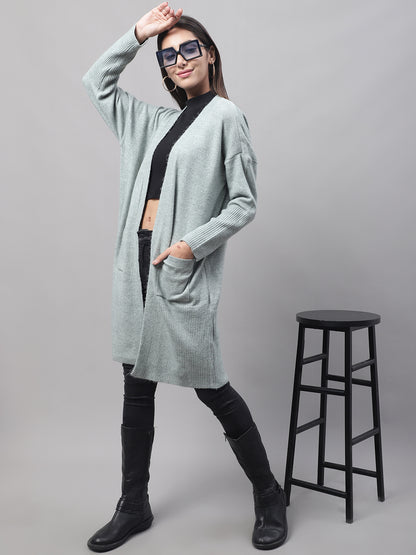 Polyester Full Sleeve Front Open Green Shrug