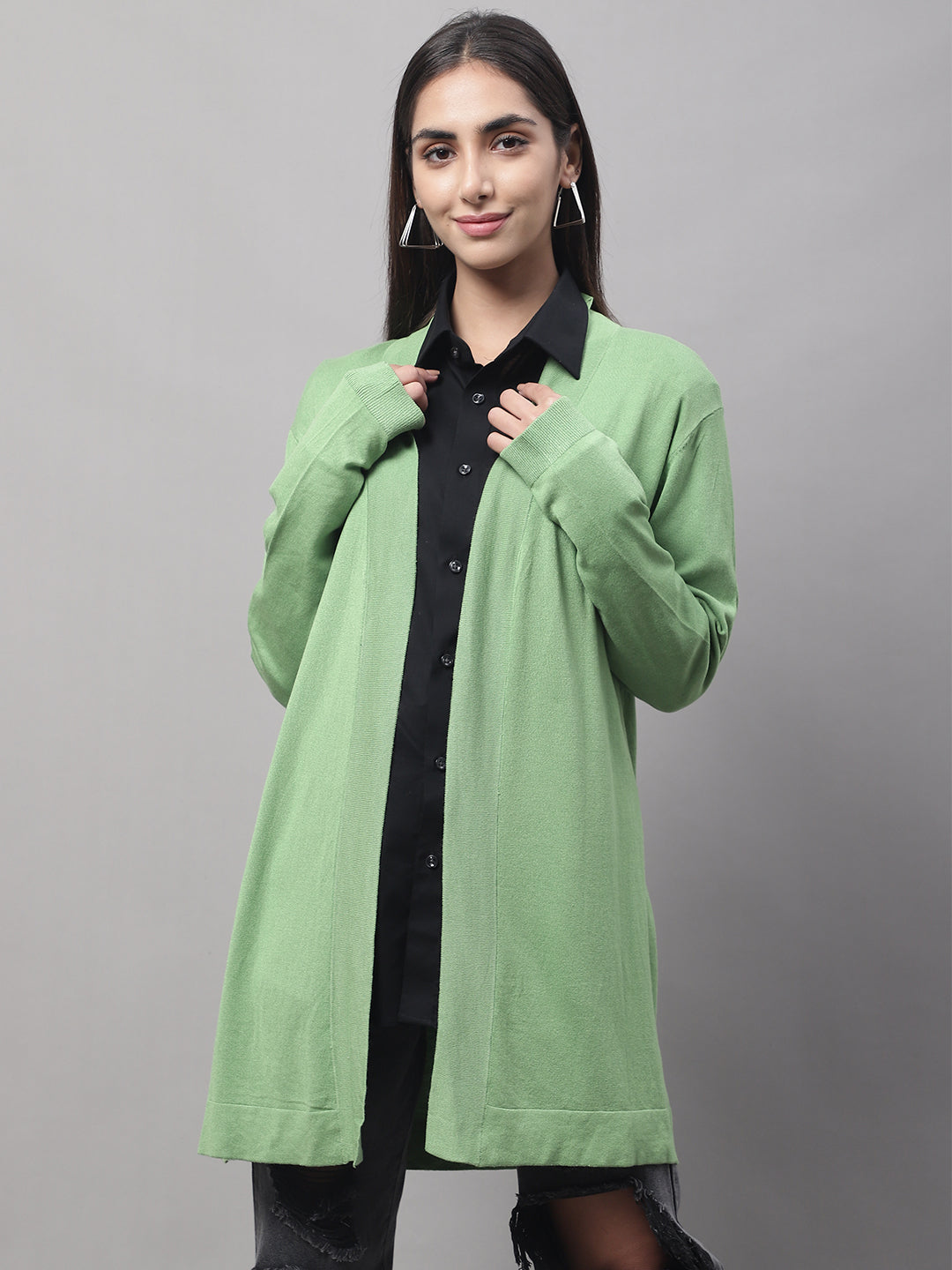 Viscose Full Sleeve Front Open Green Shrug