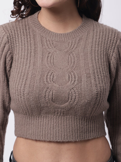 Round Neck Full Sleeve Crop Brown Sweater