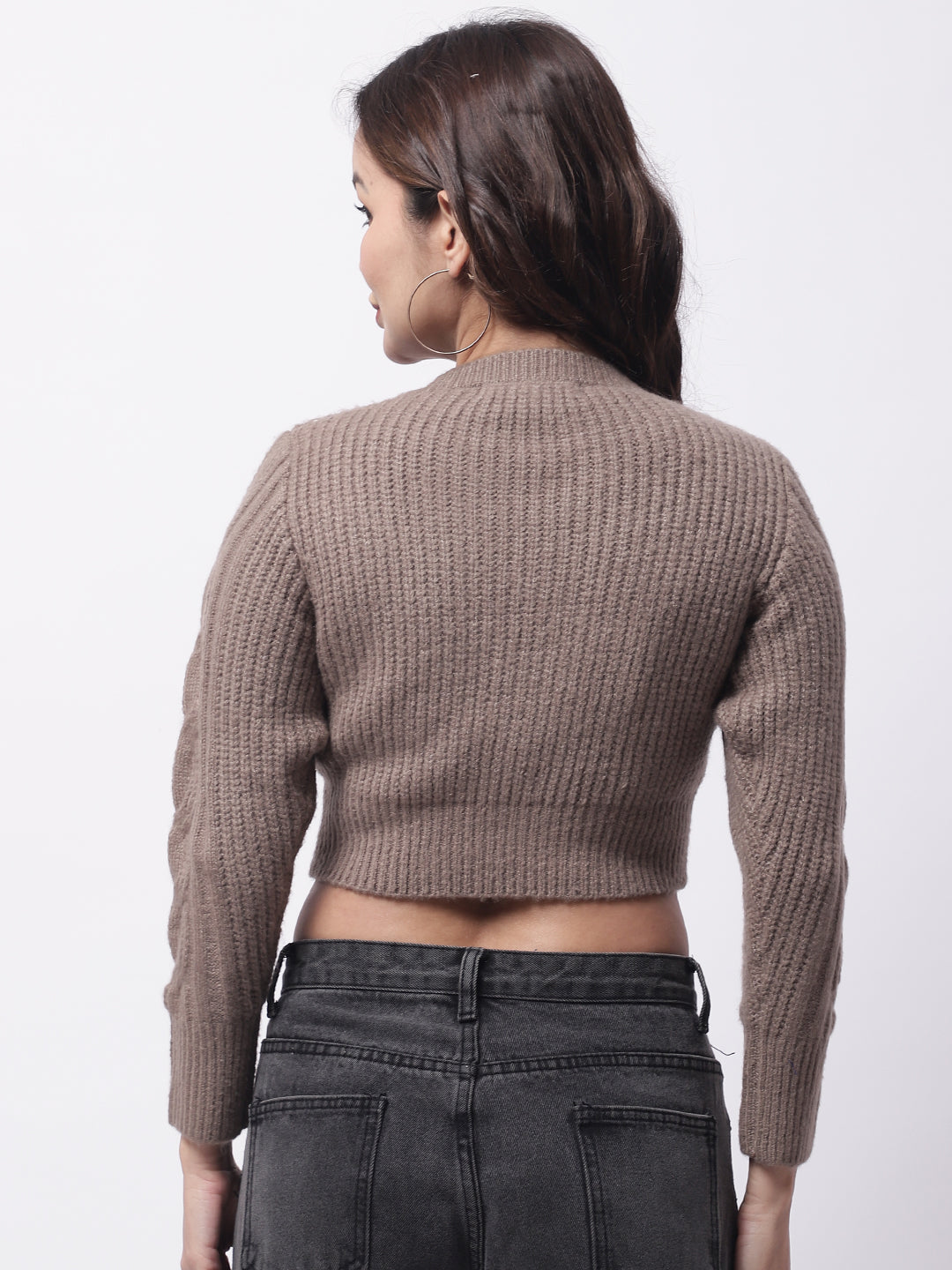 Round Neck Full Sleeve Crop Brown Sweater